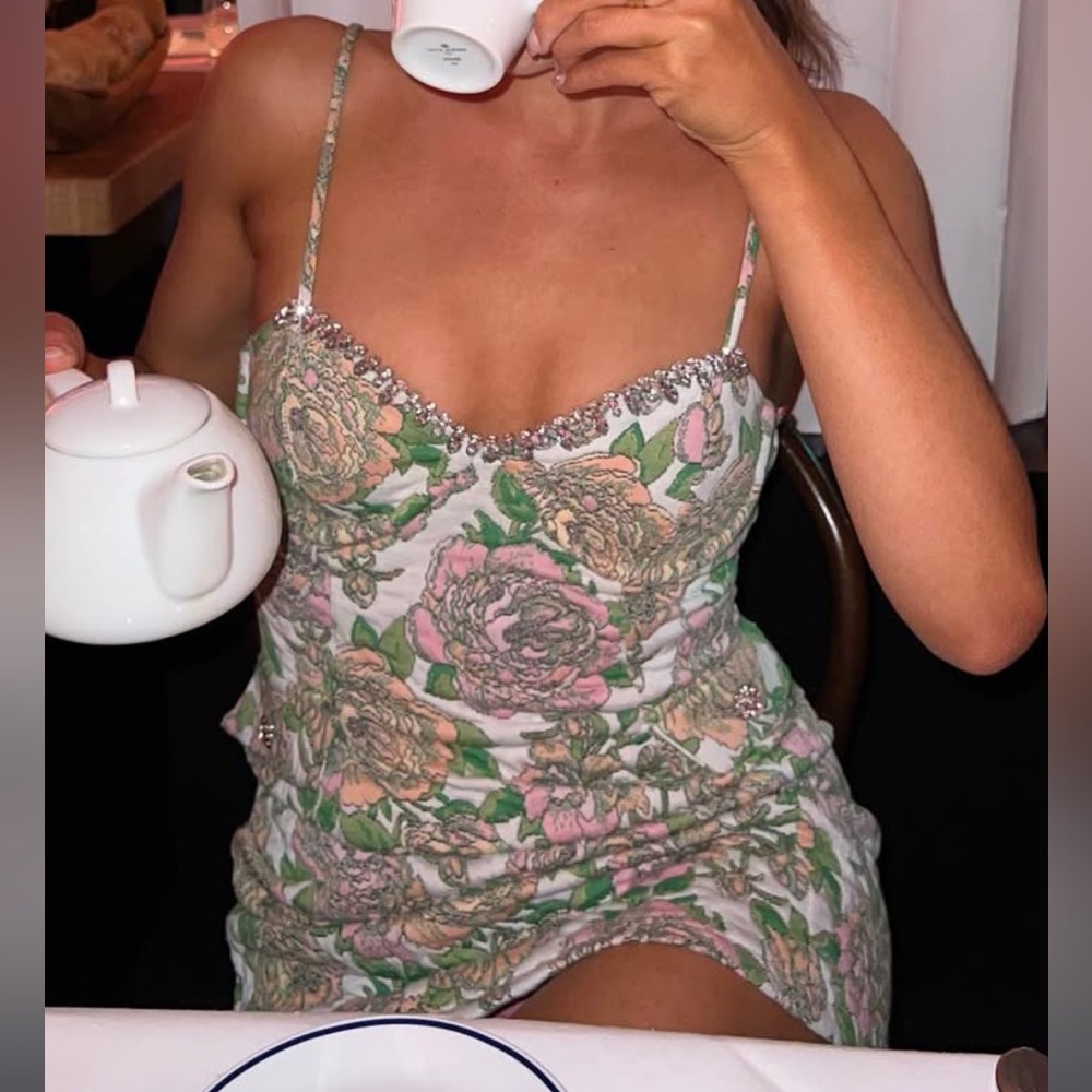 Zara NWT JEWEL JACQUARD DRESS. Floral Embellished Spaghetti Strap Dress.